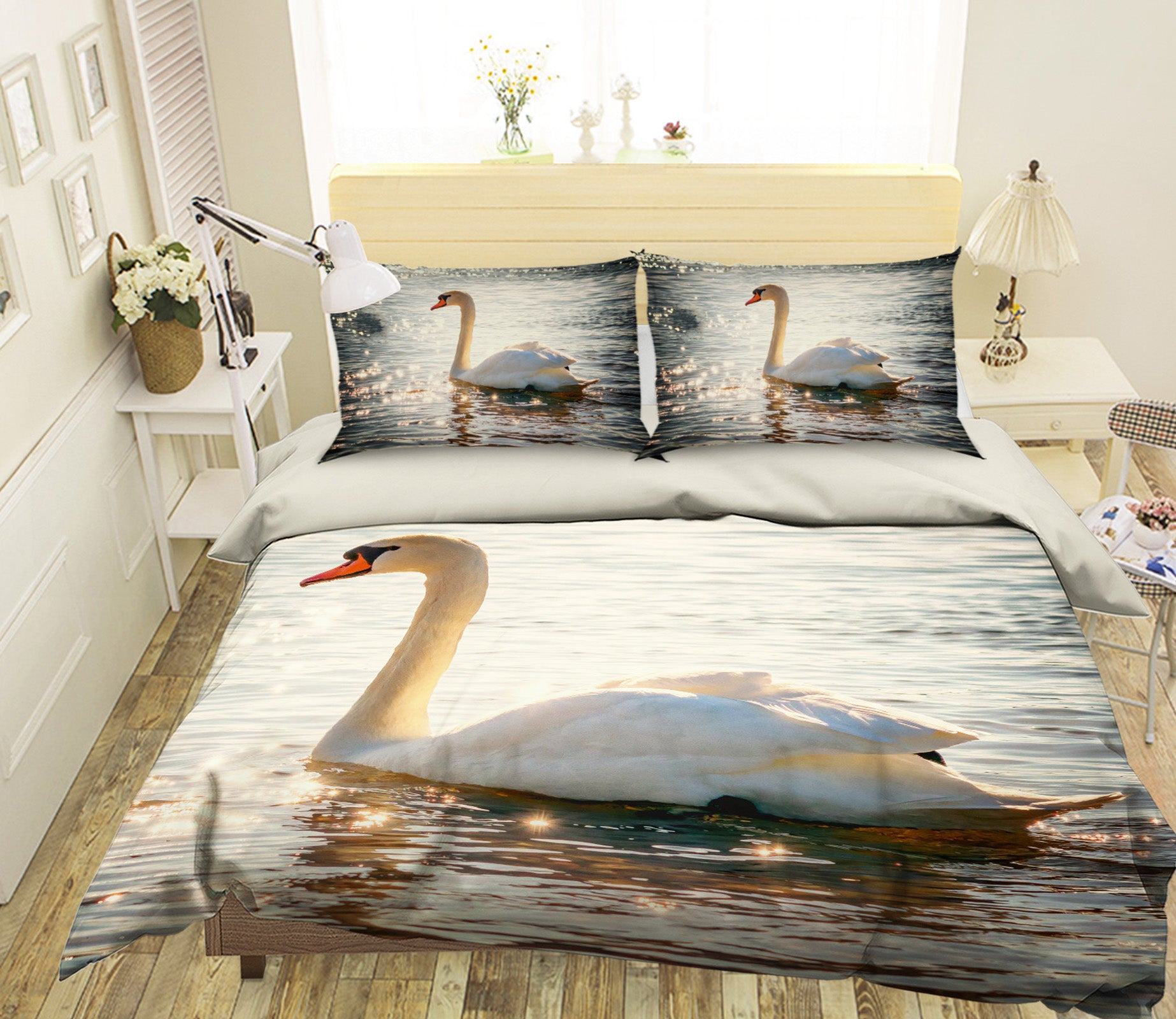 3D White Swan 1946 Bed Pillowcases Quilt