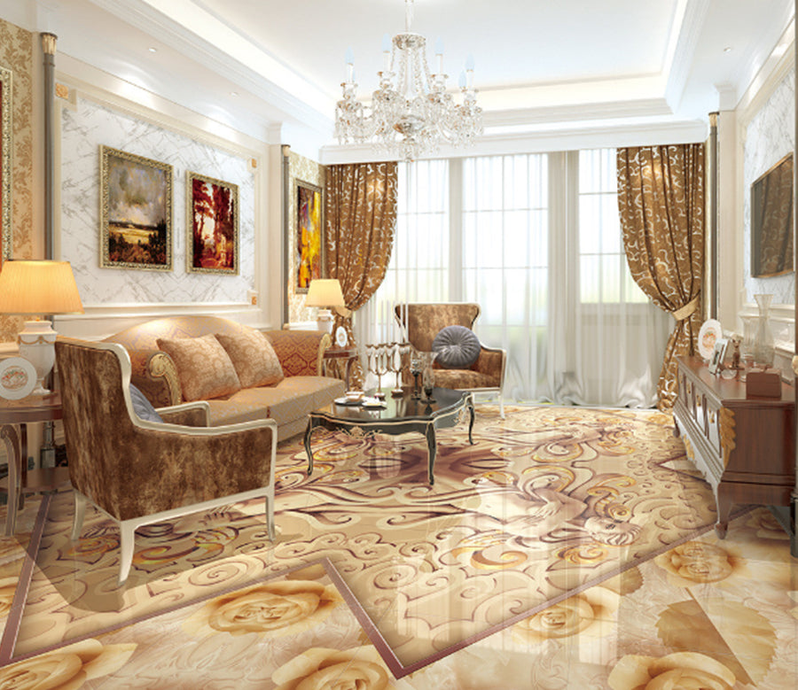 3D Golden Flowers 500 Floor Mural  Wallpaper Murals Rug & Mat Print Epoxy waterproof bath floor