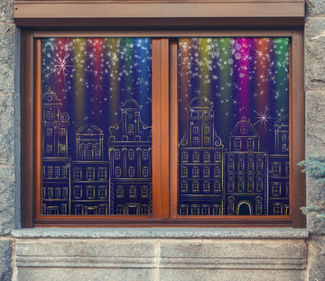 3D Houses Colored Light 31004 Christmas Window Film Print Sticker Cling Stained Glass Xmas
