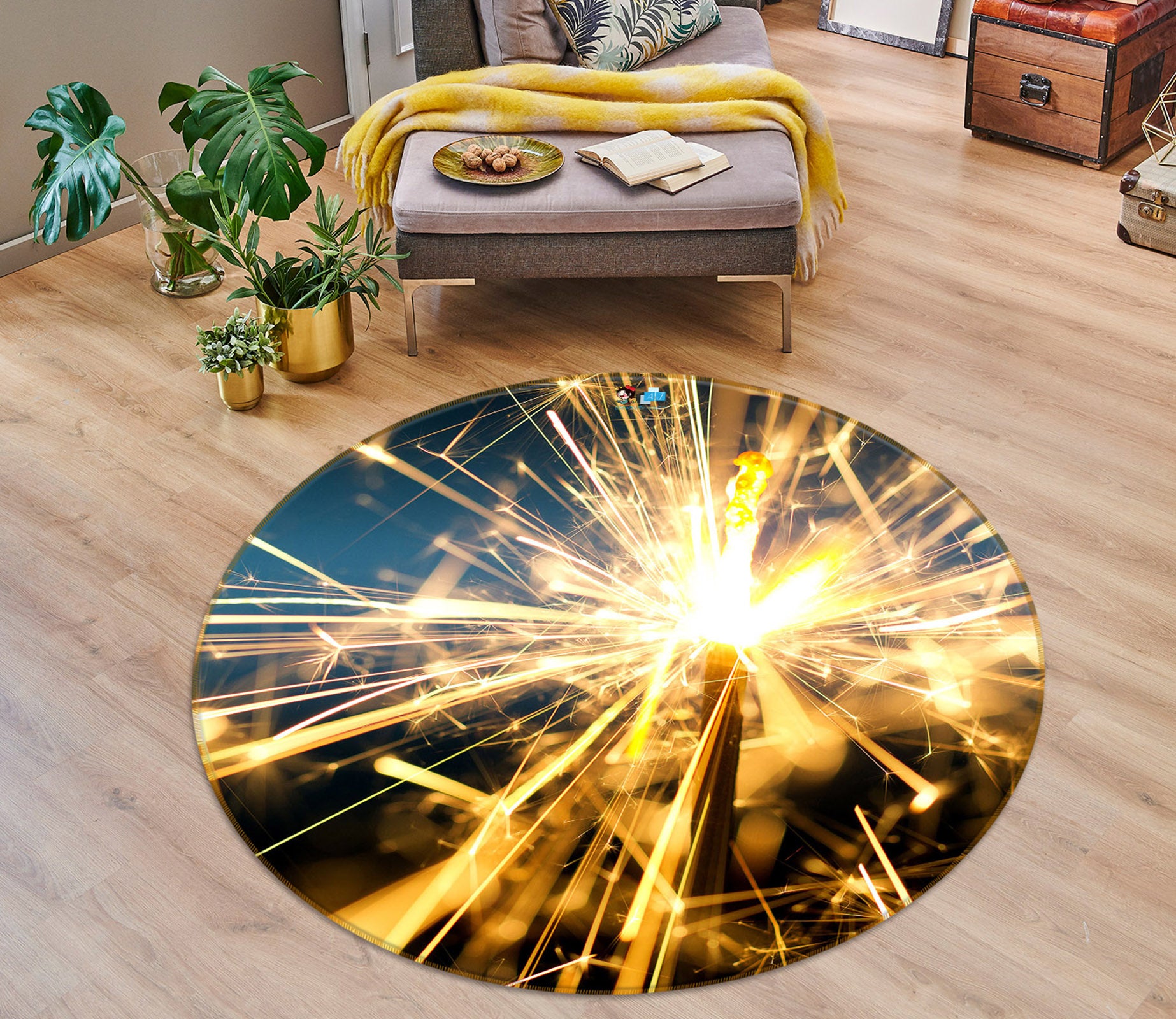 3D Fireworks 55262 Christmas Round Non Slip Rug Mat Xmas