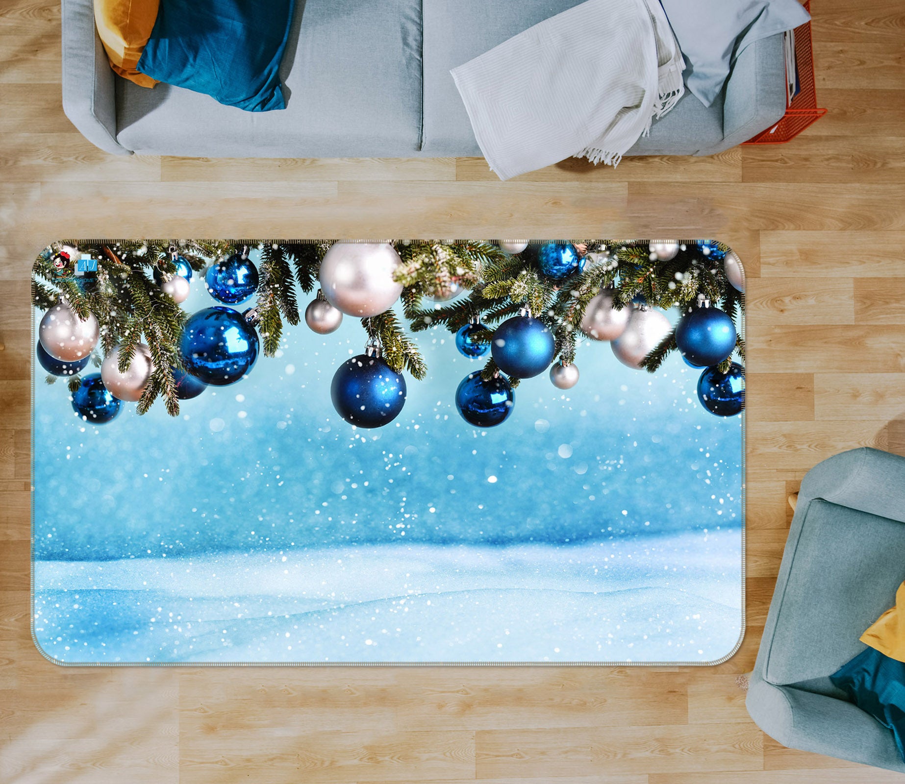 3D Branches Blue Ball 56245 Christmas Non Slip Rug Mat Xmas