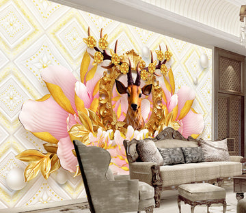 3D Gold Flower Fawn WG033 Wall Murals