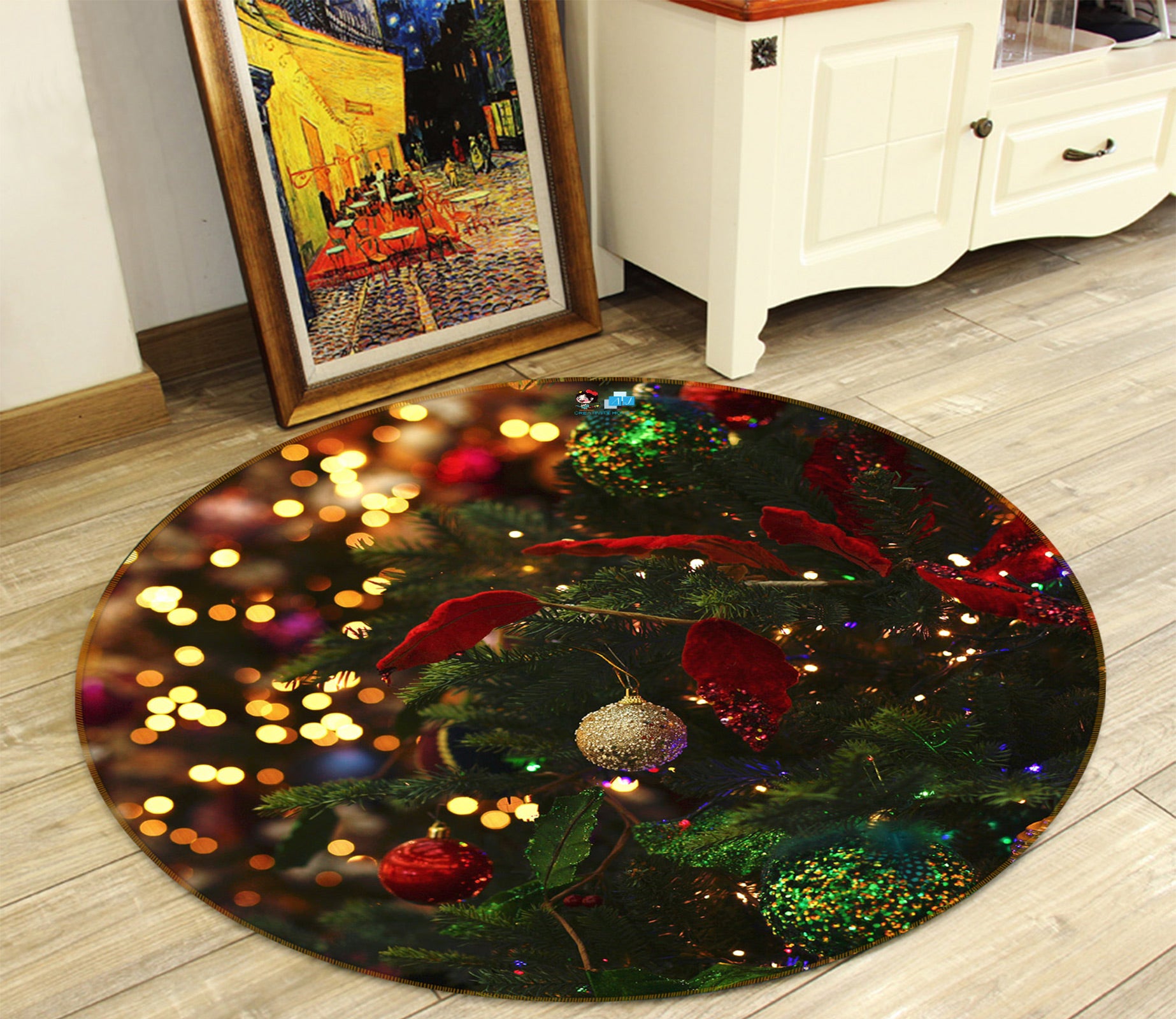 3D Tree Pendant 55238 Christmas Round Non Slip Rug Mat Xmas