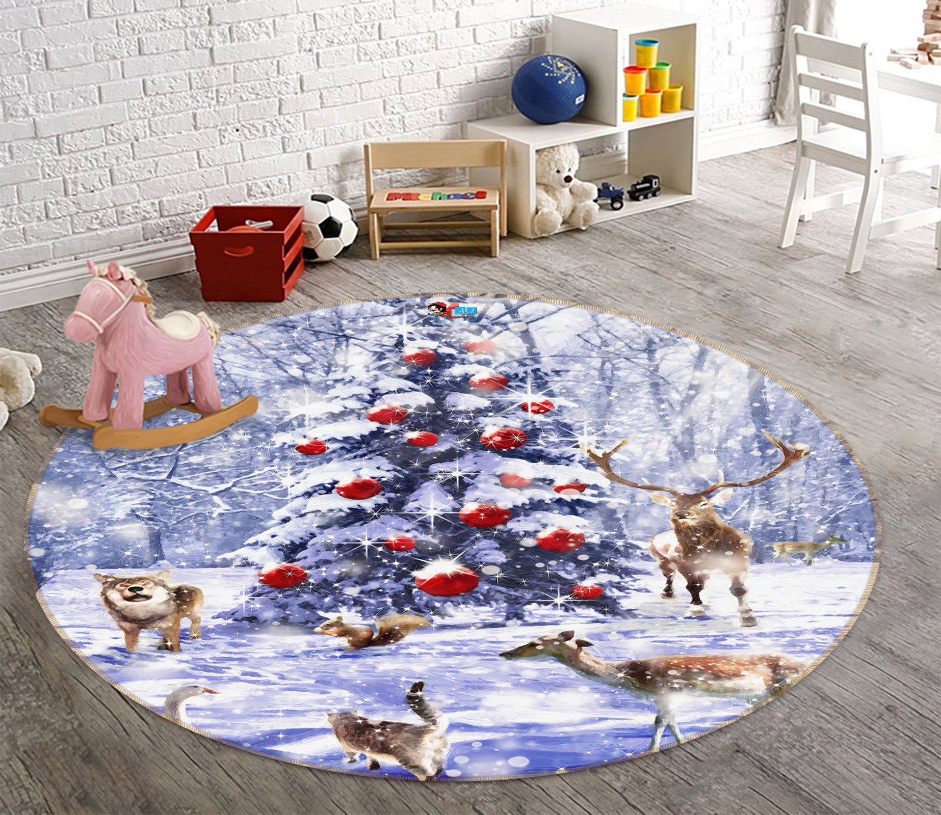 3D Snow Tree Deer 55185 Christmas Round Non Slip Rug Mat Xmas