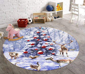 3D Snow Tree Deer 55185 Christmas Round Non Slip Rug Mat Xmas