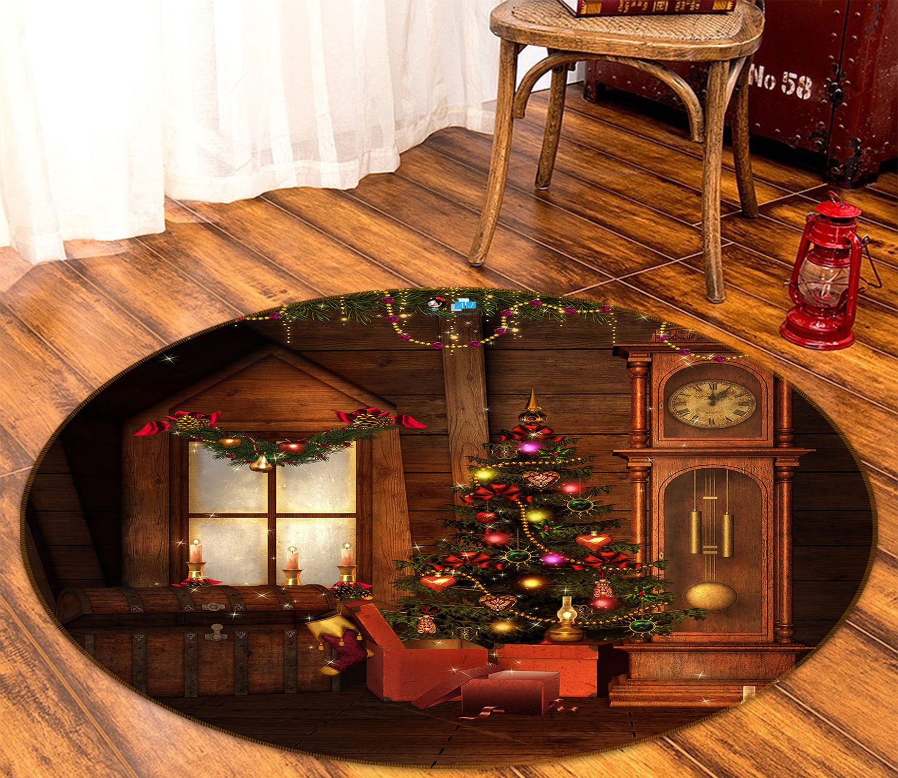 3D Tree Window Clock 55160 Christmas Round Non Slip Rug Mat Xmas