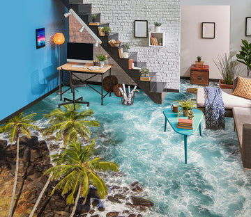 3D Coconut Trees And Sea Waves 533 Floor Mural  Wallpaper Murals Rug & Mat Print Epoxy waterproof bath floor