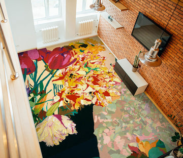 3D Red Gold Flowers 96123 Allan P. Friedlander Floor Mural  Wallpaper Murals Self-Adhesive Removable Print Epoxy
