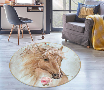 3D Horse With Flowers 1205 Debi Coules Rug Round Non Slip Rug Mat
