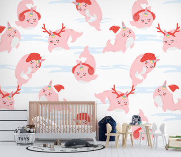 3D Pink Whale Red Antlers 57056 Wall Murals