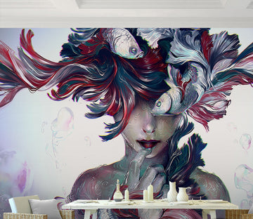 3D Woman Hair Fish WG299 Wall Murals