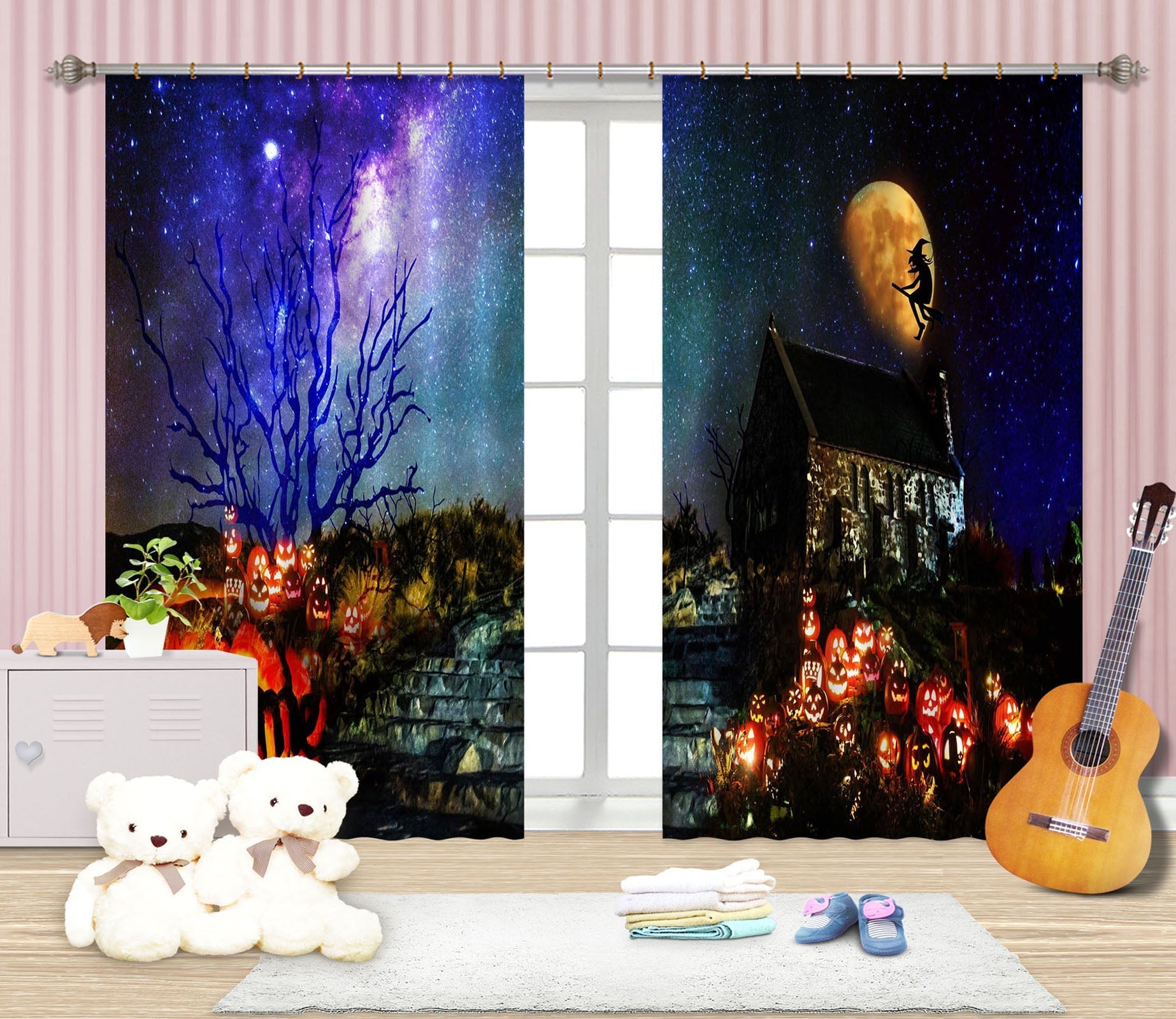 3D Moon Witch Pumpkin Light 036 Halloween Curtains Drapes Curtains AJ Creativity Home 