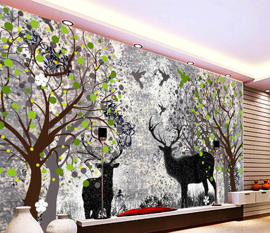 3D Tree Black Deer WG062 Wall Murals