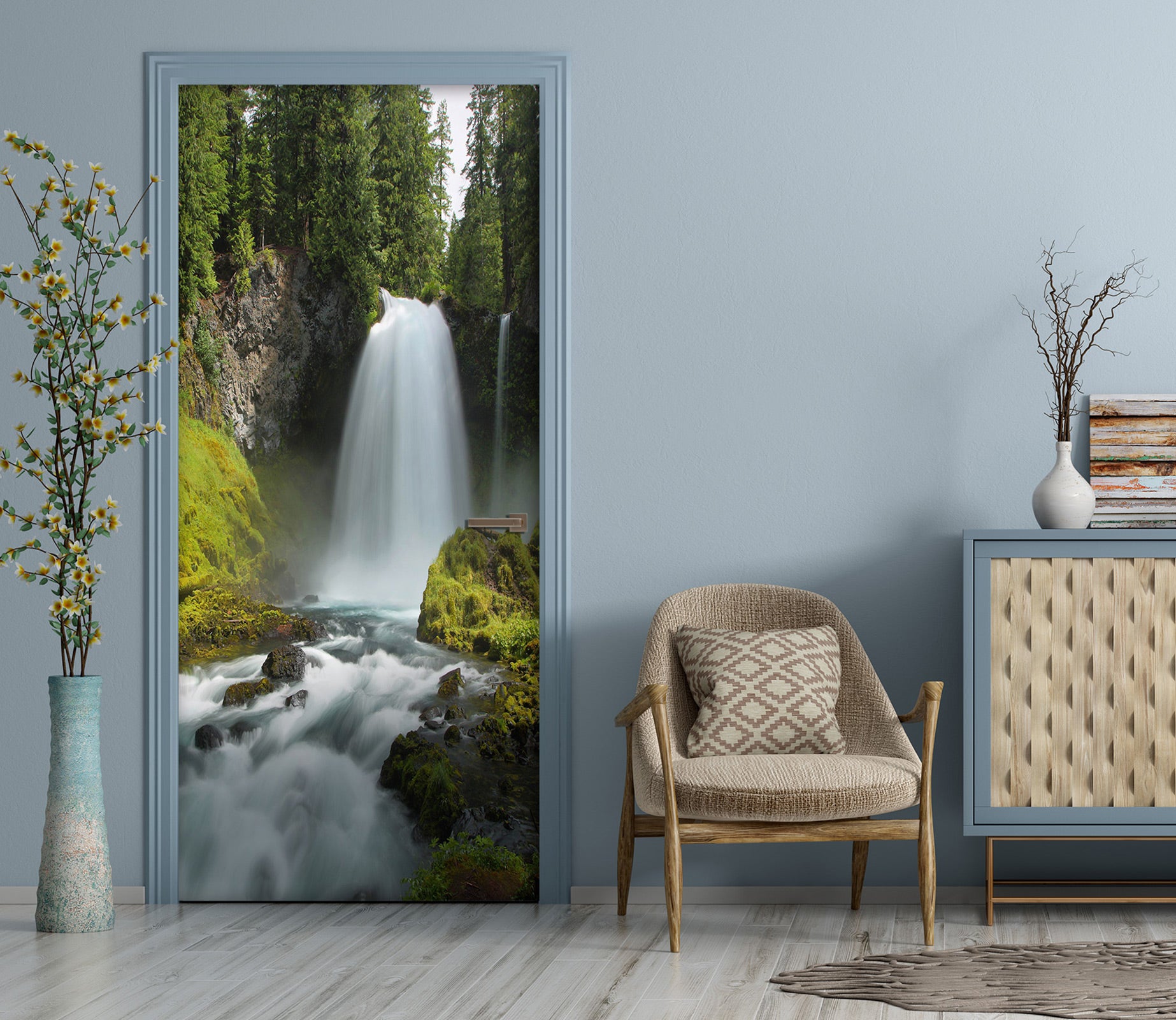3D Forest Waterfall 003 Door Mural