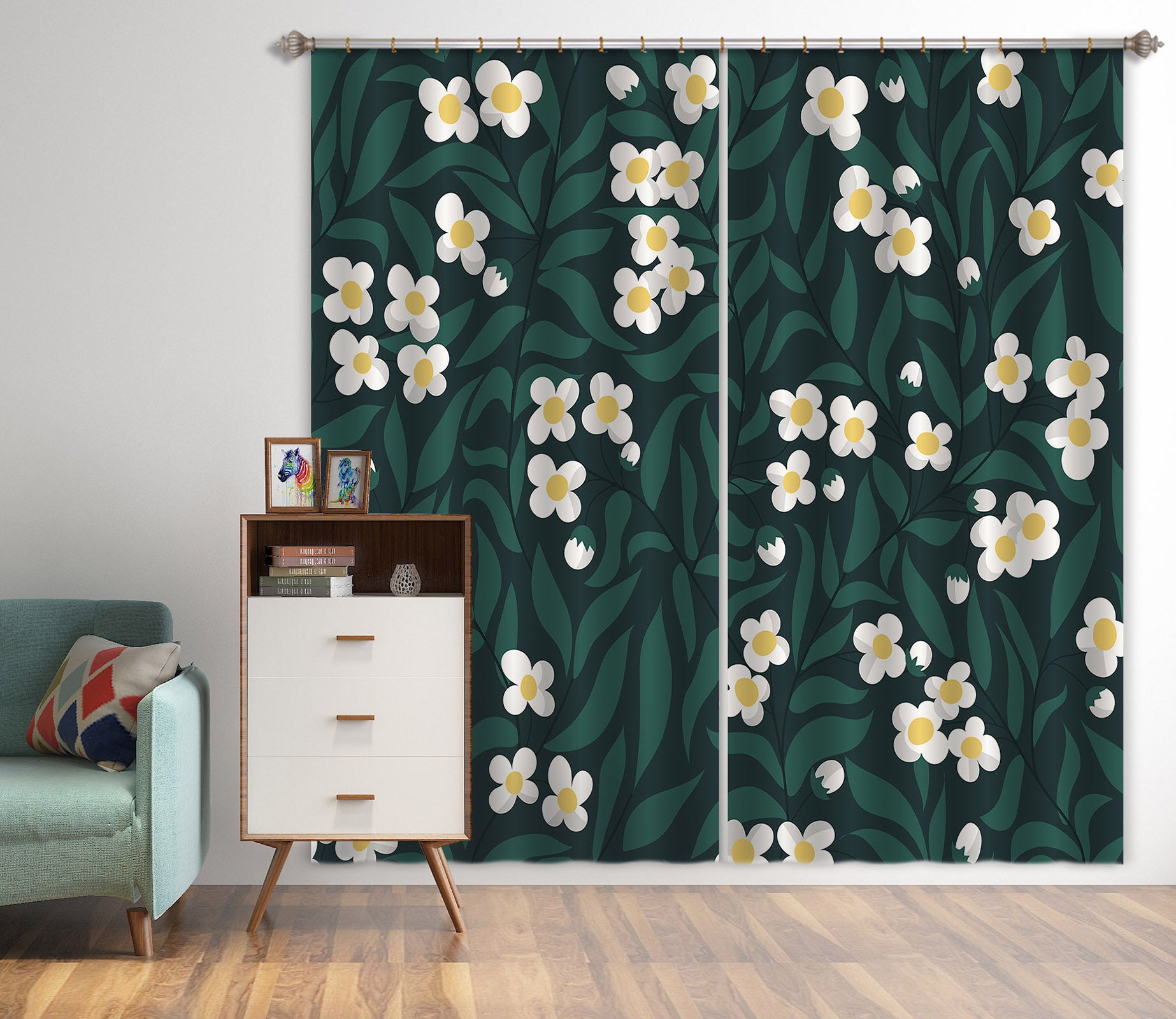 3D Leaves White Flowers 11177 Kashmira Jayaprakash Curtain Curtains Drapes