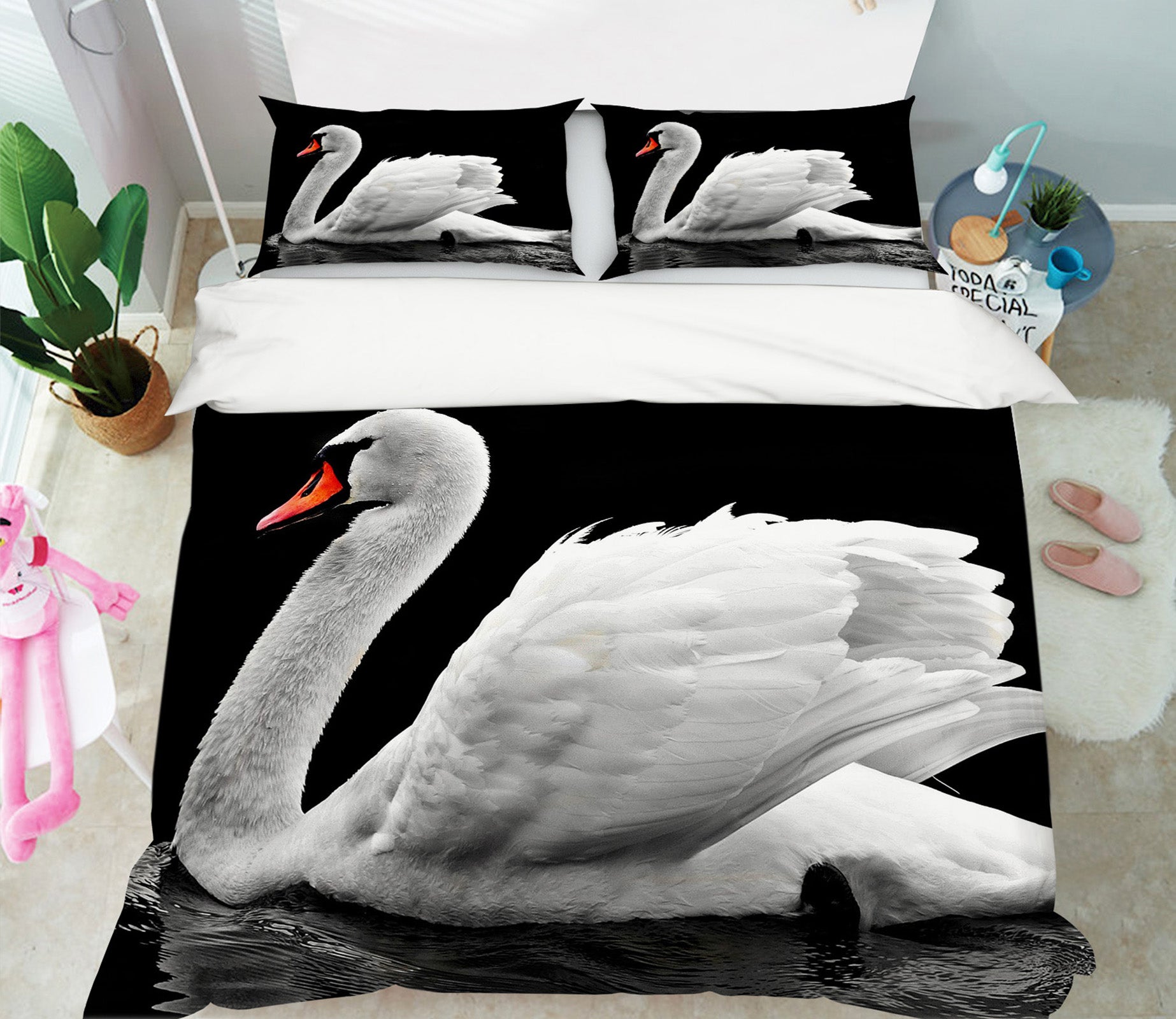3D White Swan 1947 Bed Pillowcases Quilt