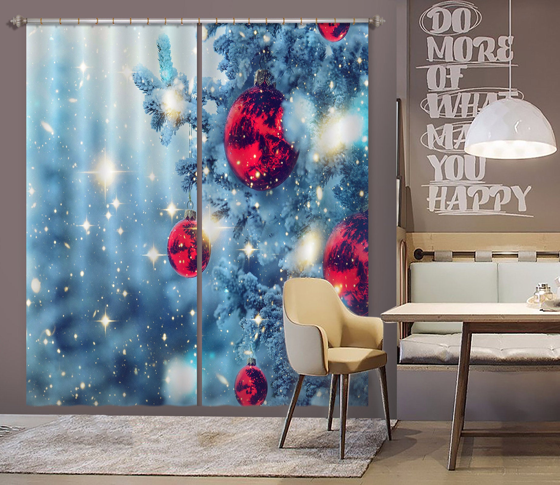 3D Snow Tree Red Ball 53118 Christmas Curtains Drapes Xmas