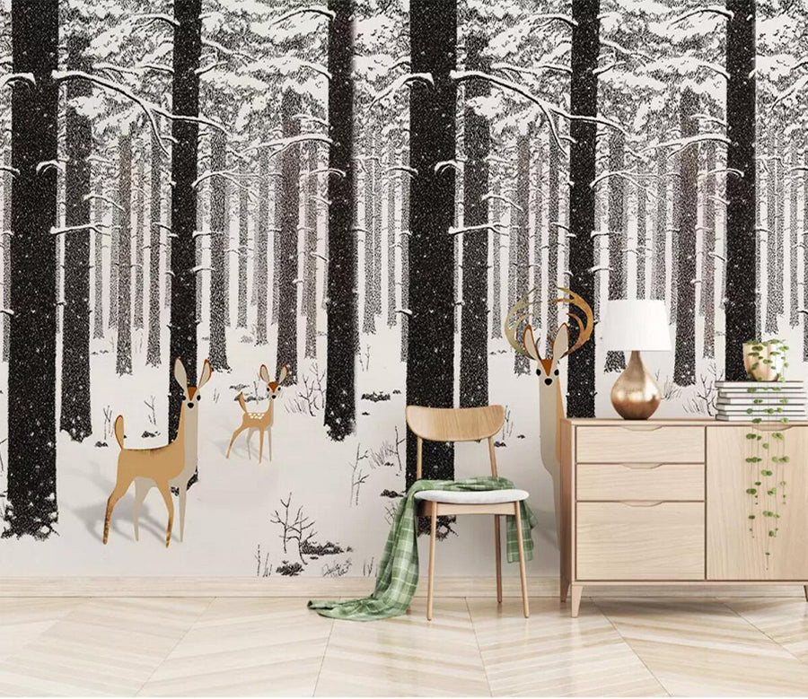 3D Snow Forest Deer WC476 Wall Murals