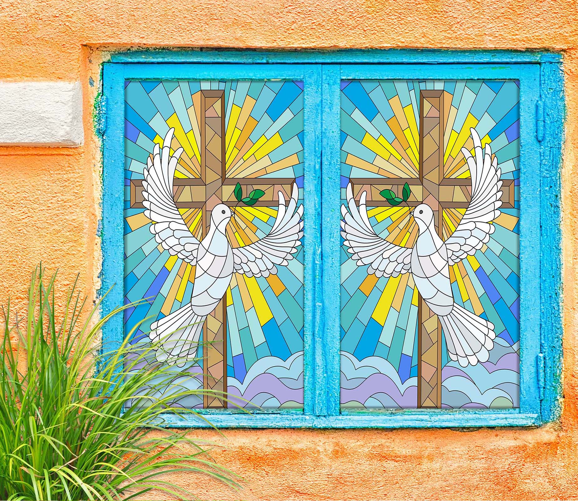 3D Cross Dove 159 Window Film Print Sticker Cling Stained Glass UV Block