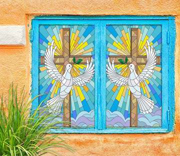 3D Cross Dove 159 Window Film Print Sticker Cling Stained Glass UV Block