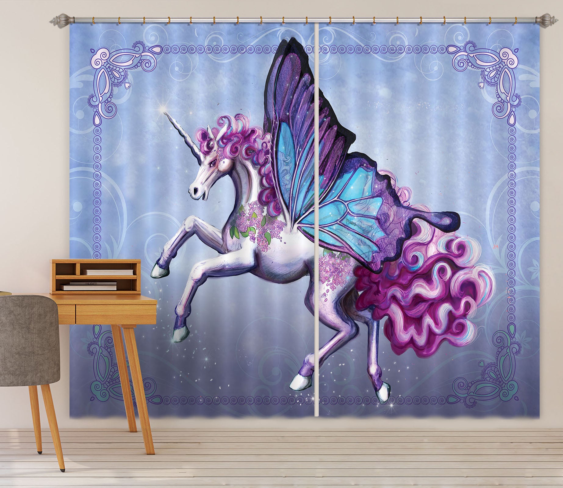 3D Wing Horse 104 Rose Catherine Khan Curtain Curtains Drapes