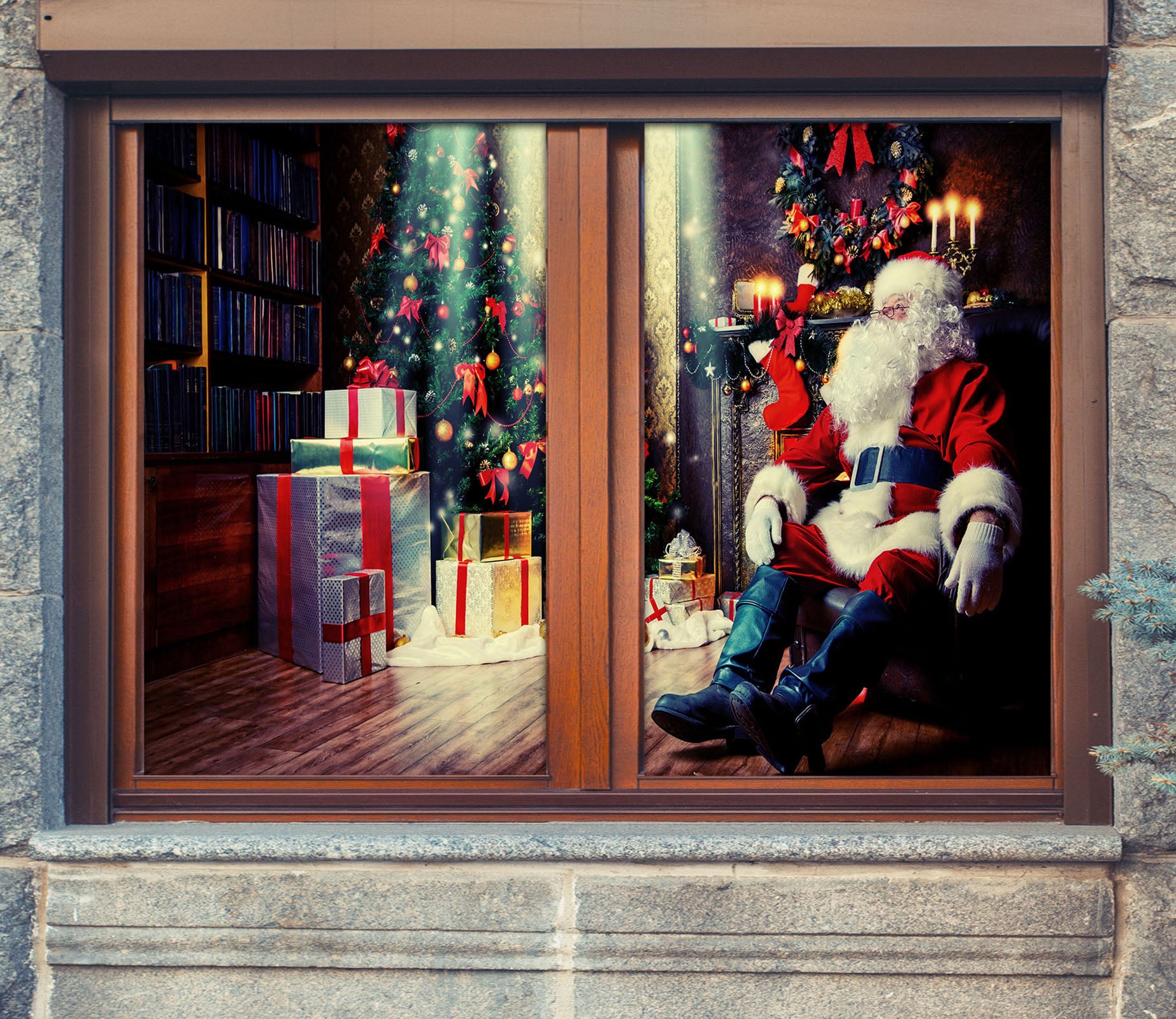 3D Santa Gift 30015 Christmas Window Film Print Sticker Cling Stained Glass Xmas