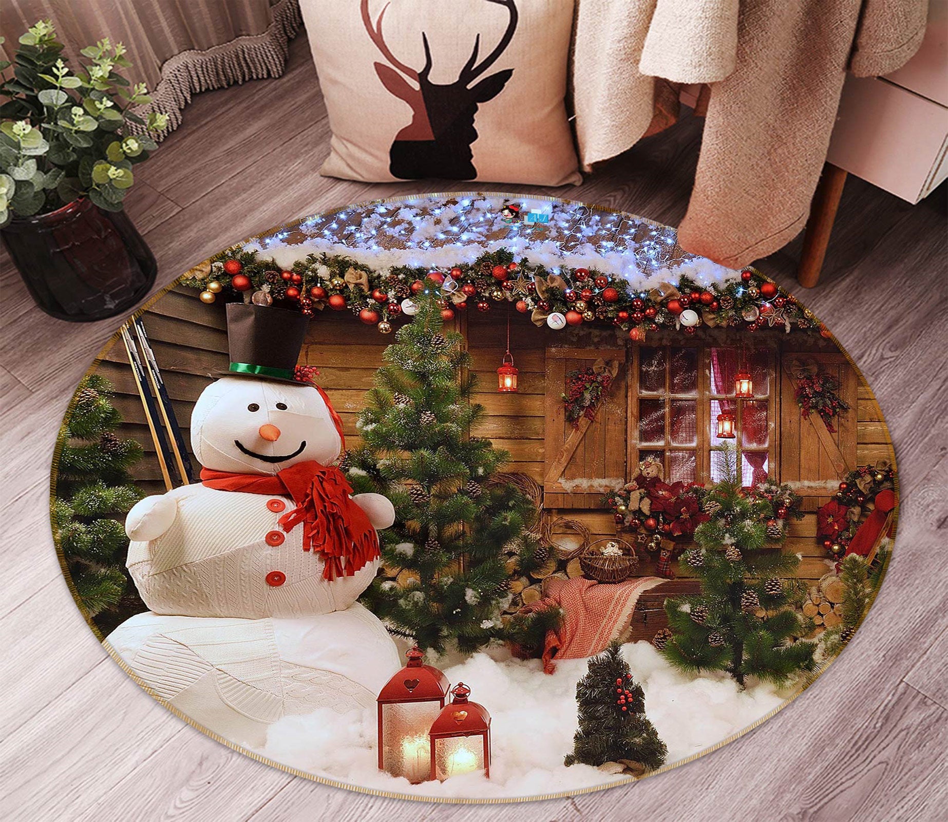 3D Snowman Cabin 55241 Christmas Round Non Slip Rug Mat Xmas