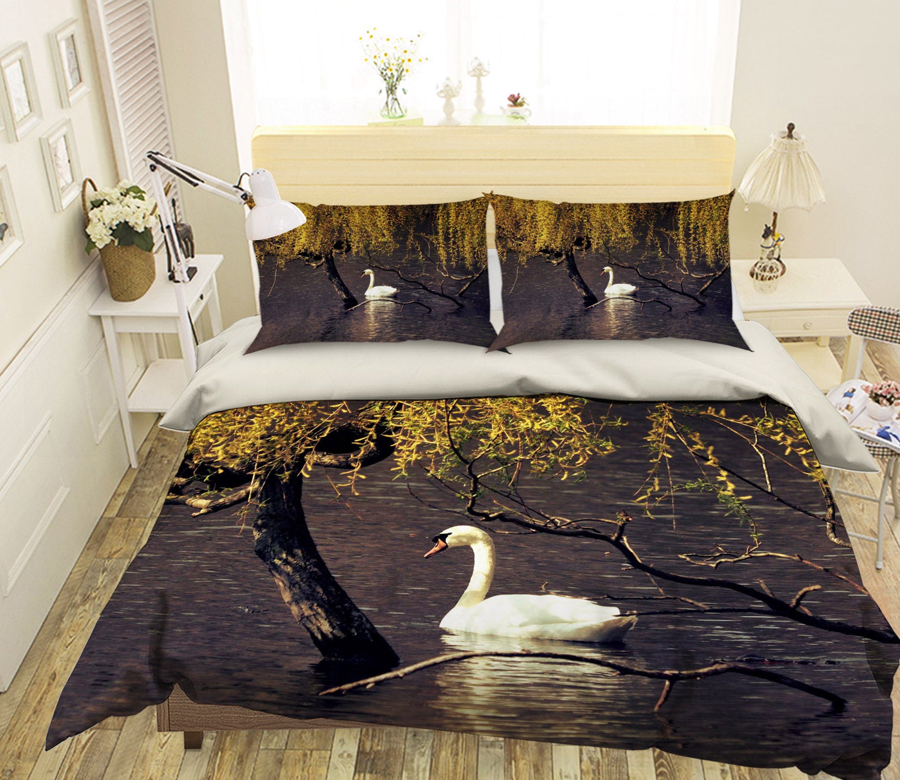 3D White Swan 1948 Bed Pillowcases Quilt