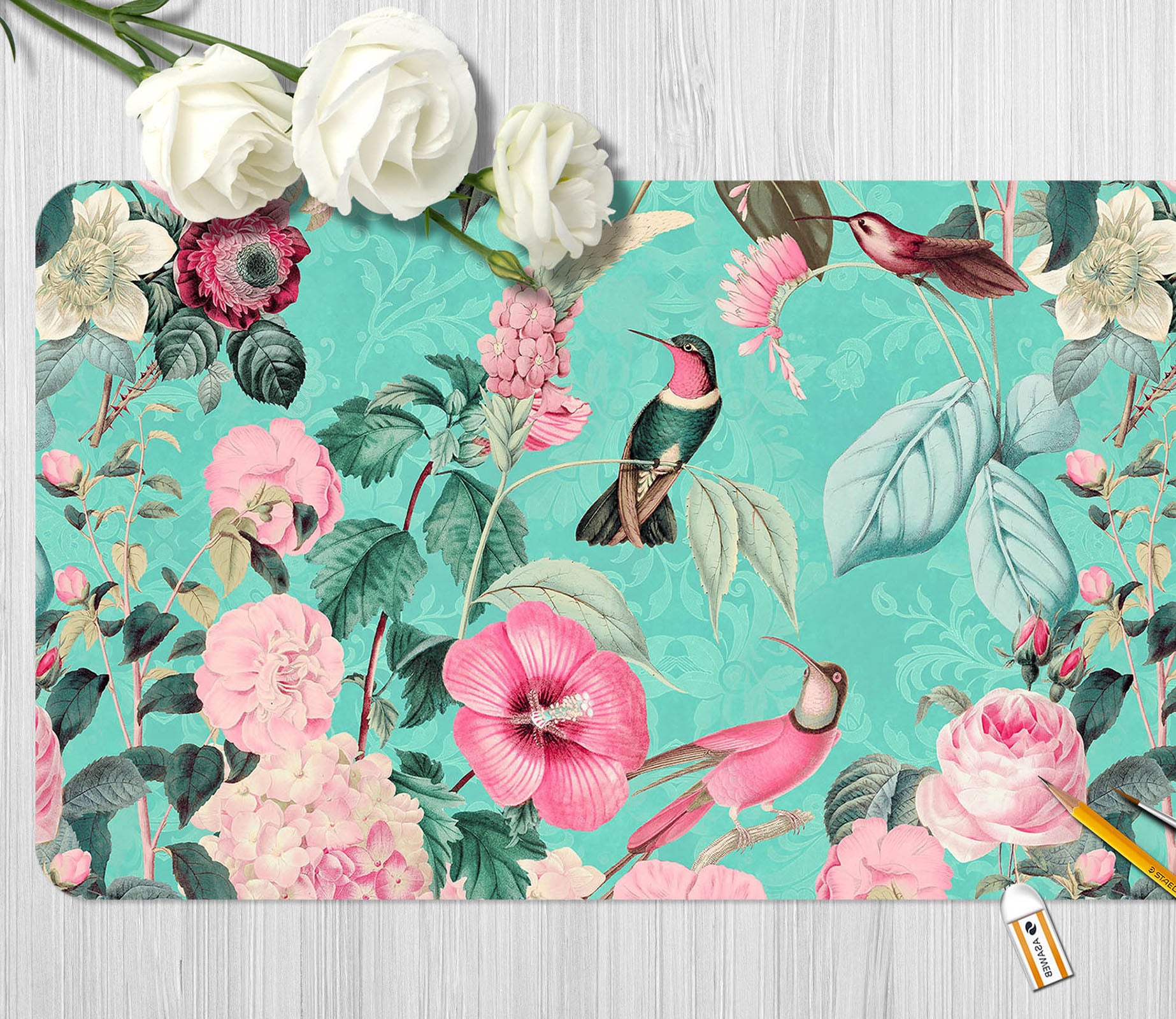 3D Pink Flower Bird 5221 Andrea Haase Desk Mat