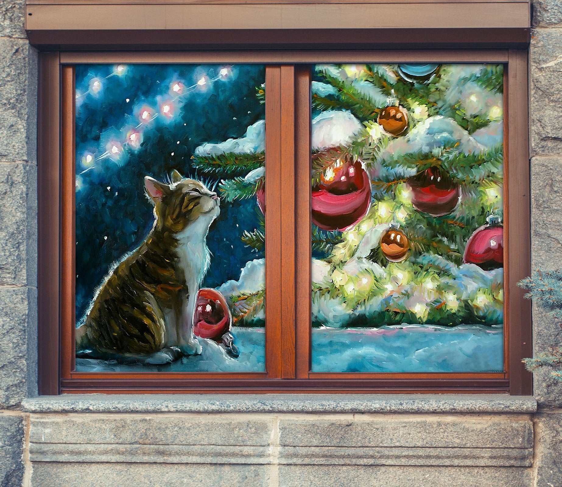 3D Cat 30074 Christmas Window Film Print Sticker Cling Stained Glass Xmas