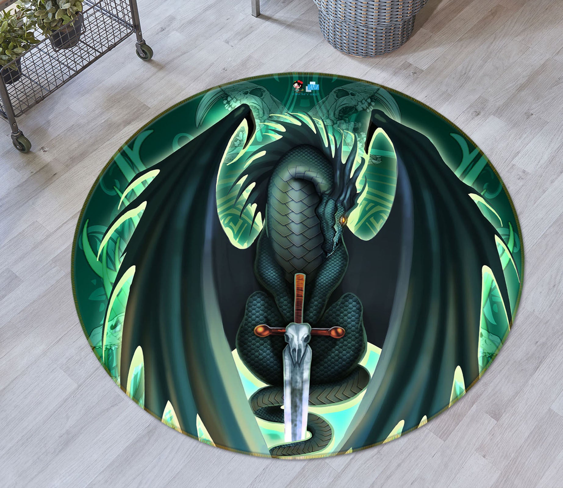 3D Green Dragon 8376 Ruth Thompson Rug Round Non Slip Rug Mat
