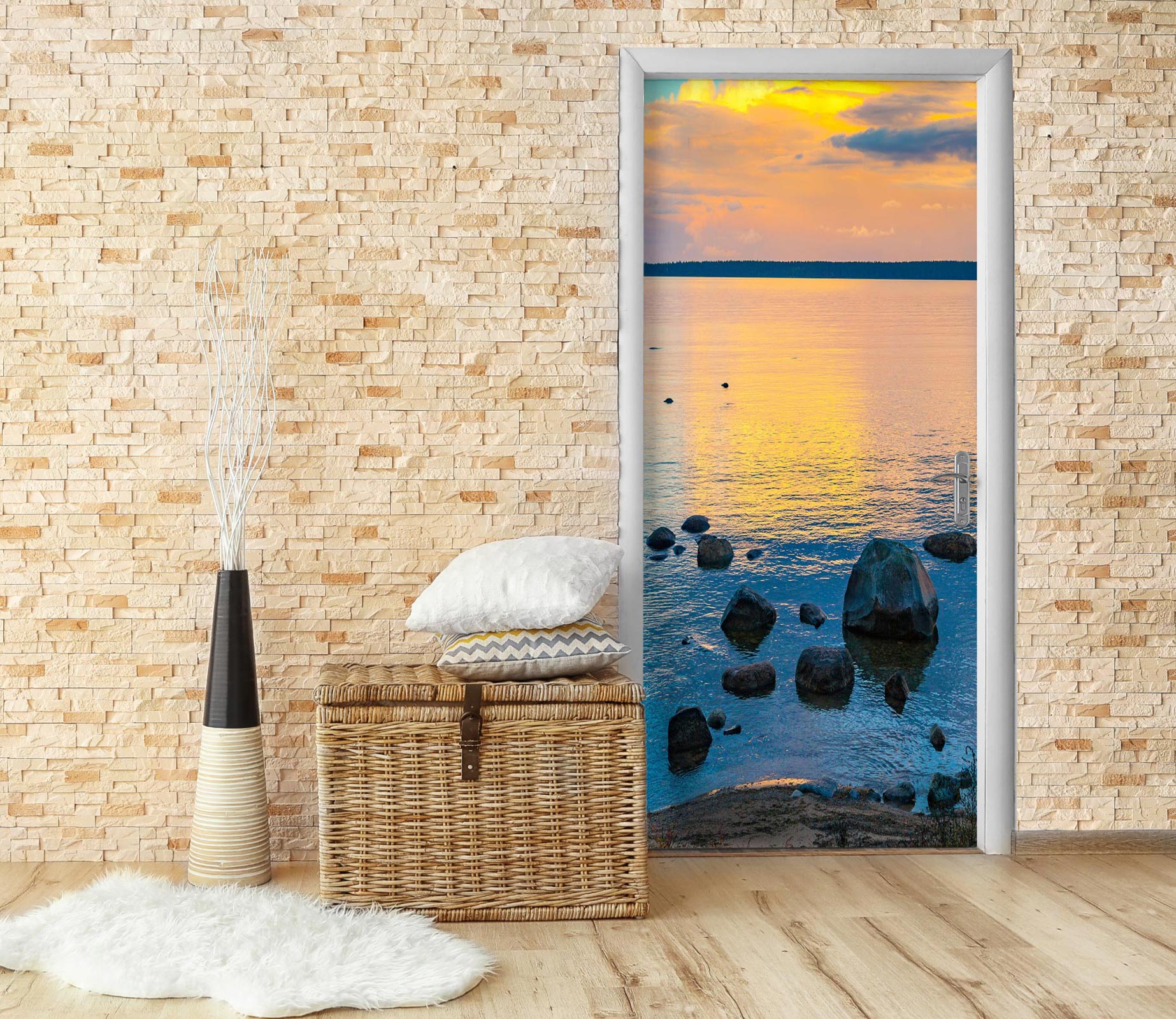 3D Sunset Sea Stones 078 Door Mural