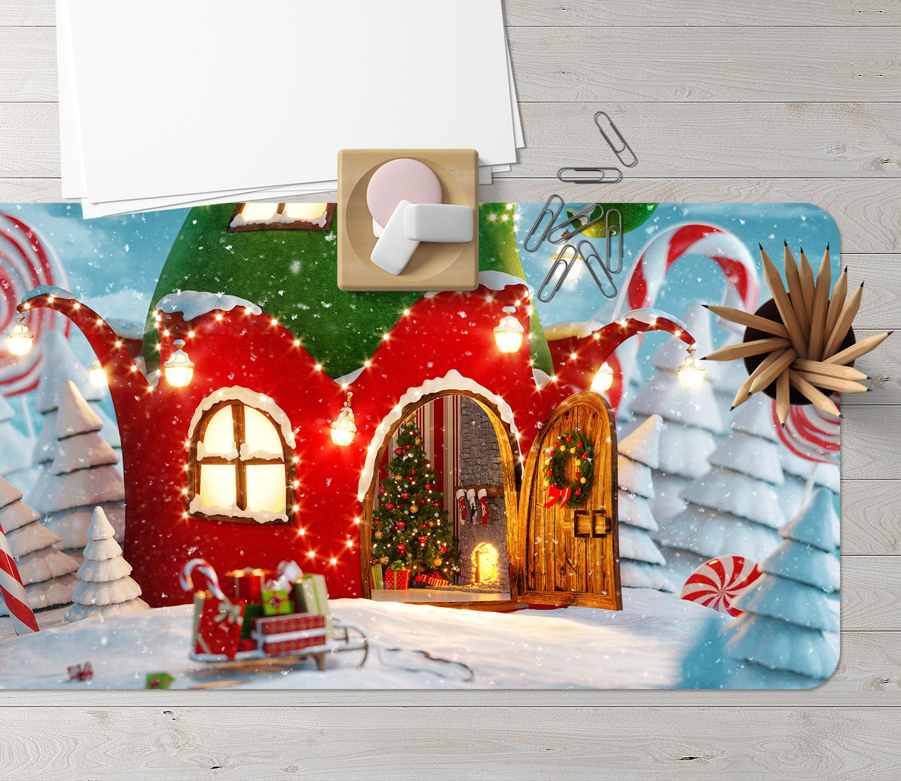 3D Red Green Cabin 53202 Christmas Desk Mat Xmas