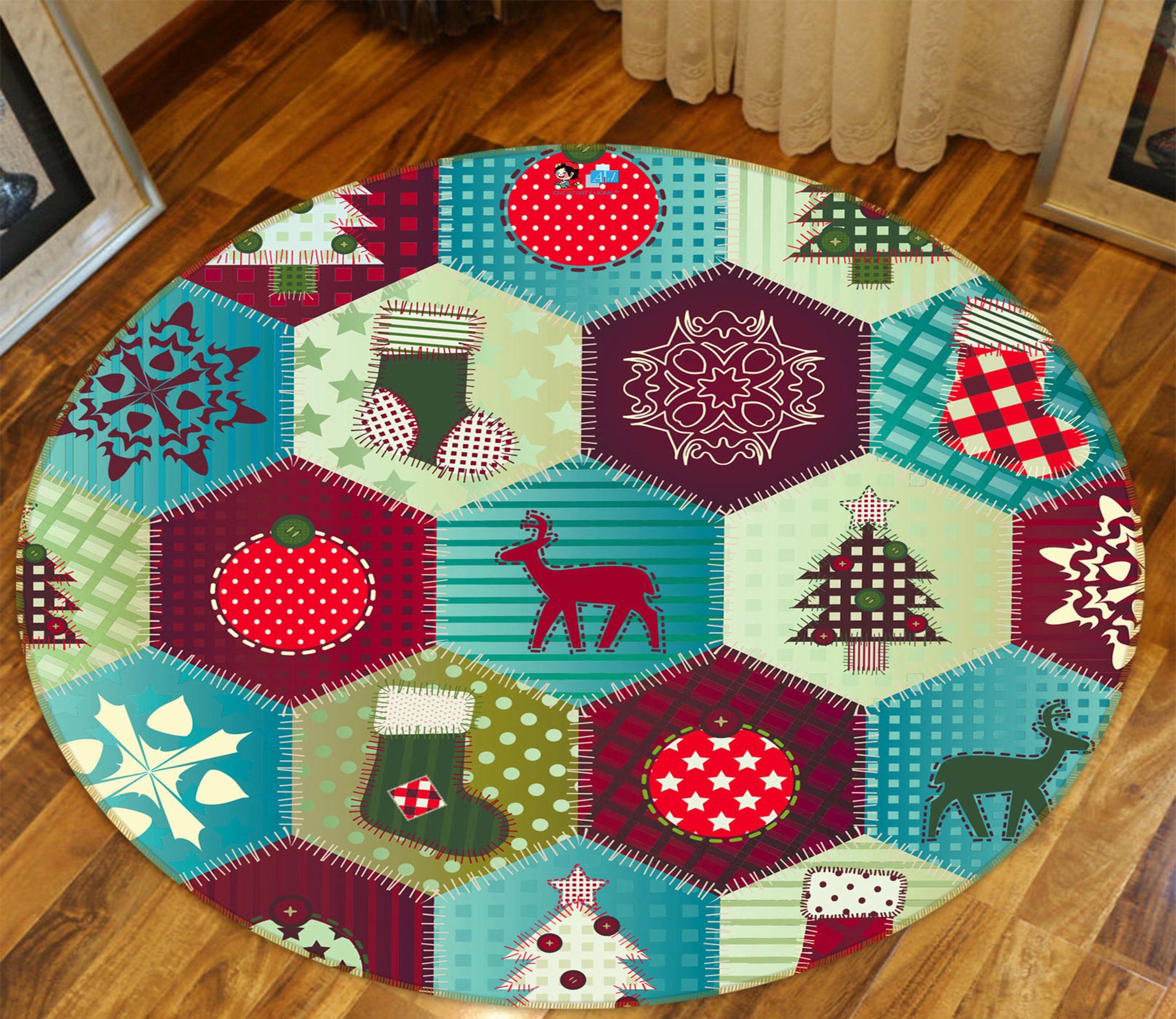 3D Hexagon Pattern 55194 Christmas Round Non Slip Rug Mat Xmas
