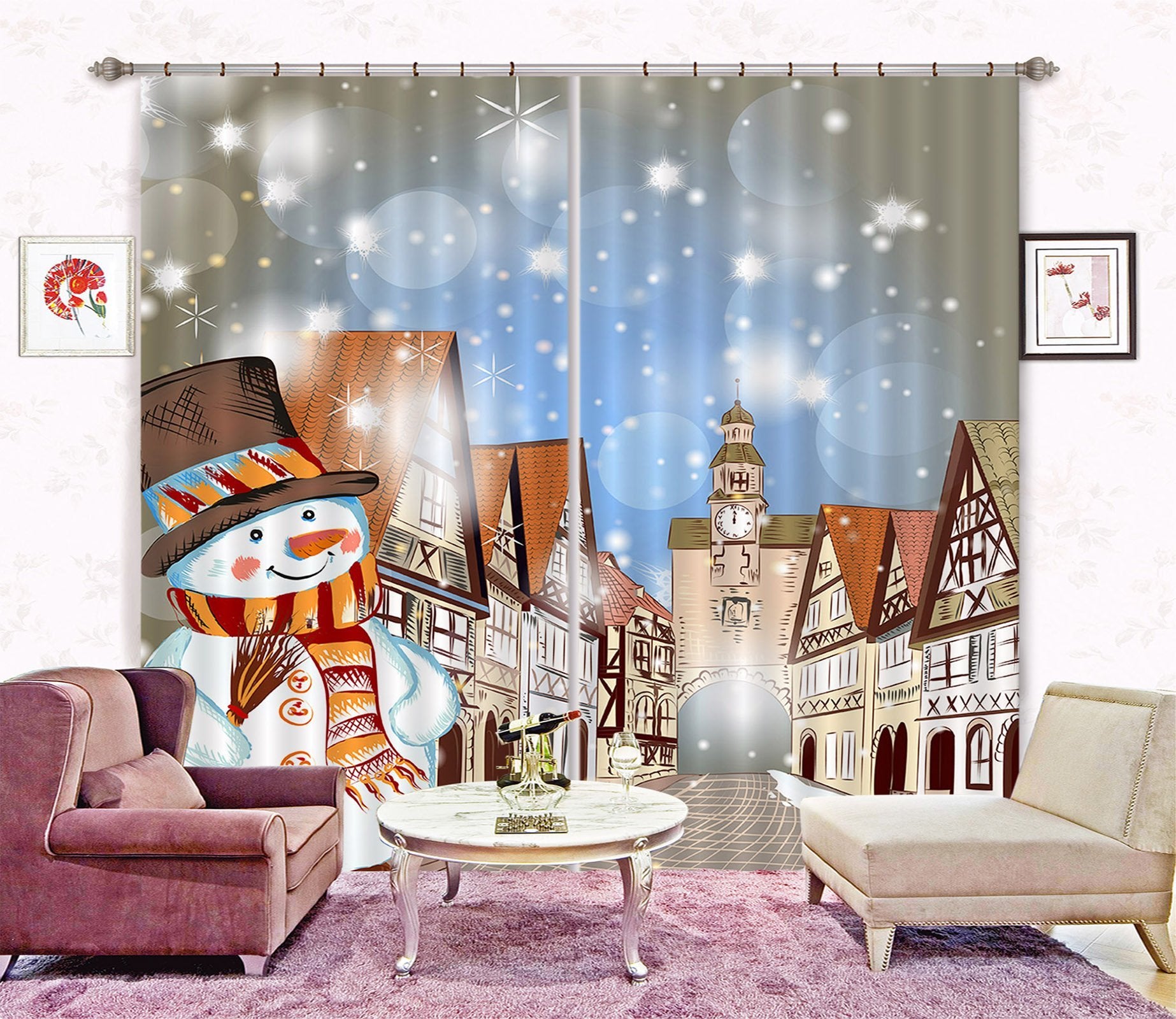 3D Snowflake Clock Tower 60 Curtains Drapes Curtains AJ Creativity Home 