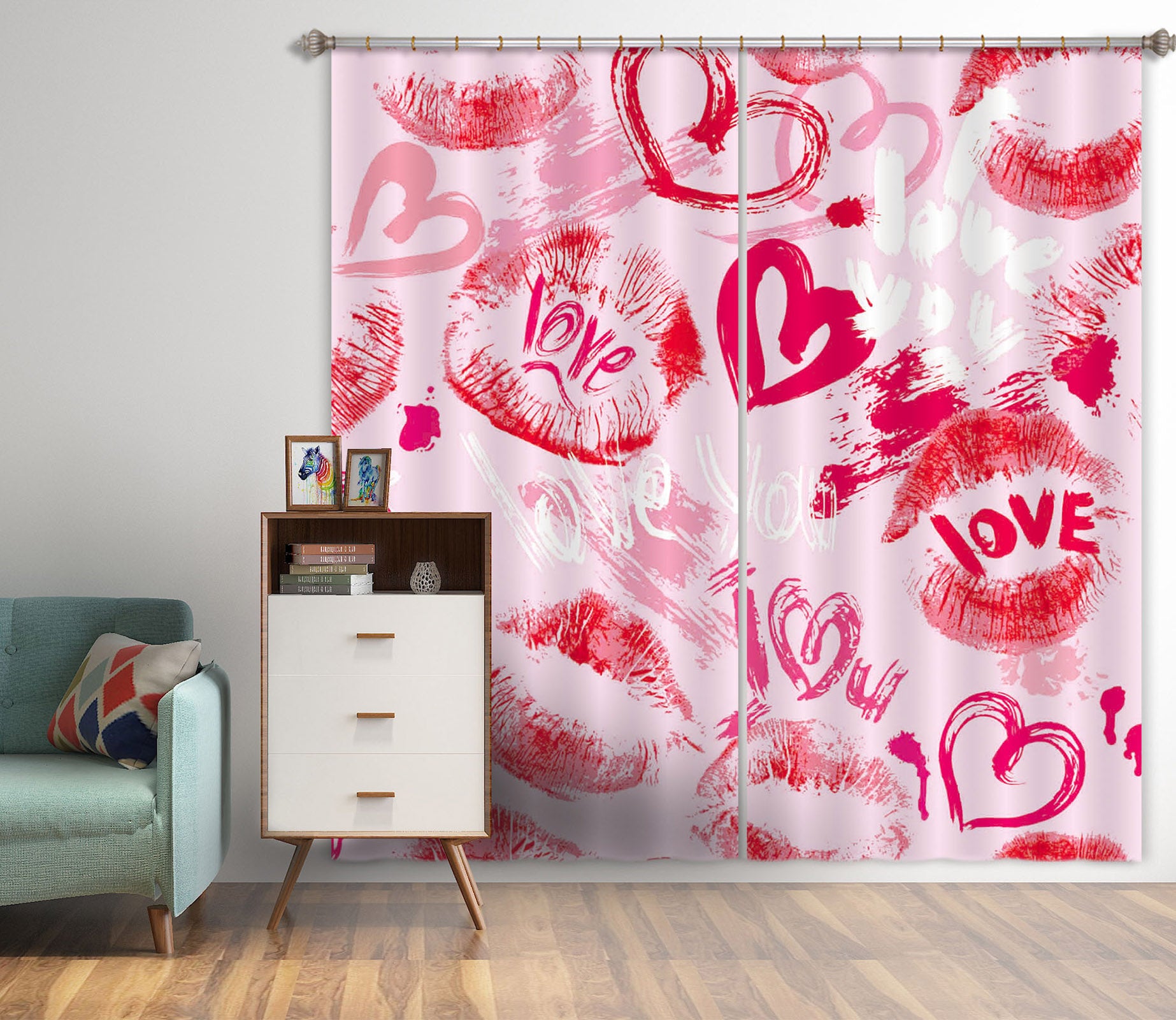 3D Red Love 870 Curtains Drapes