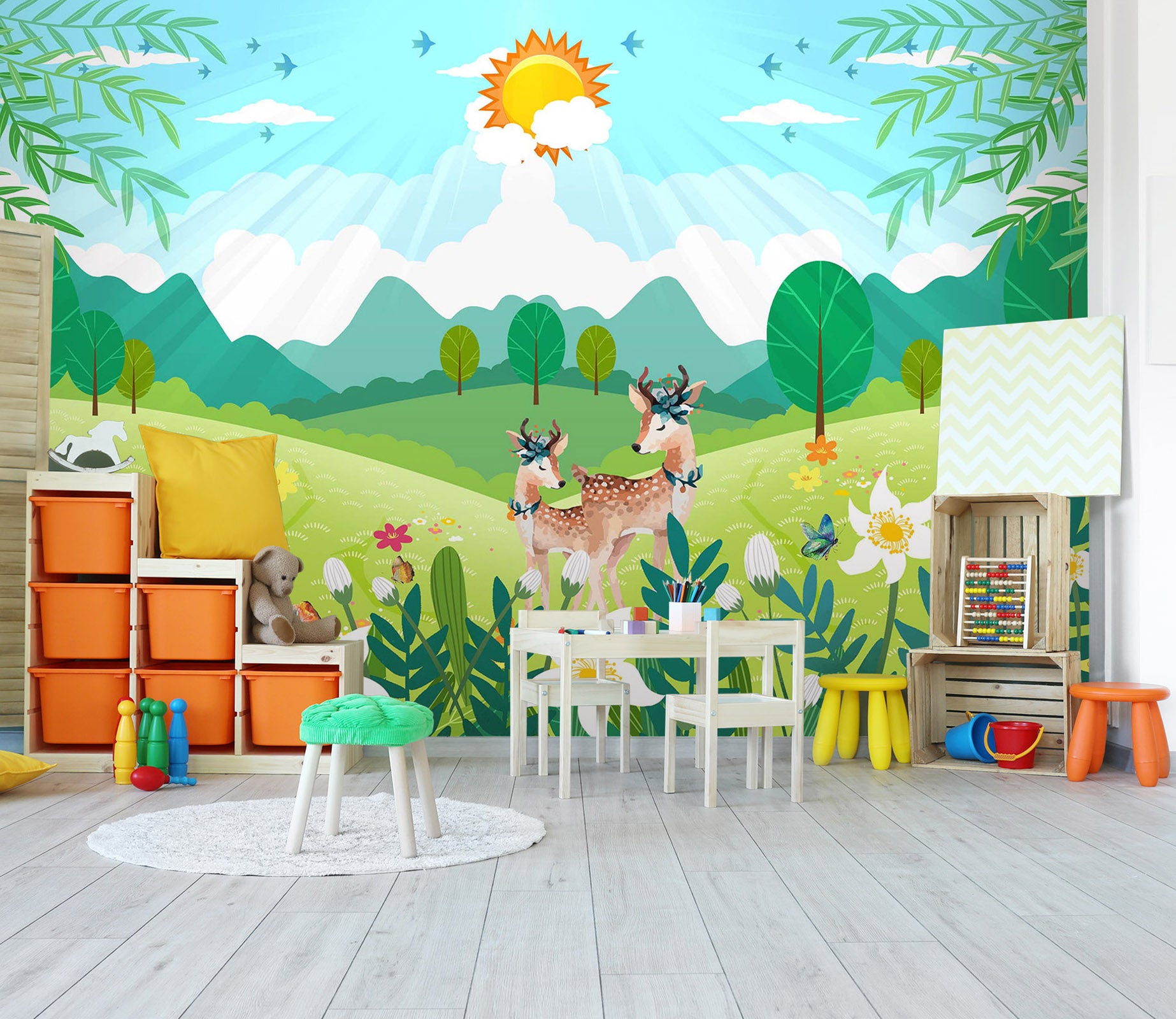 3D Sun Deer Grass 270 Wall Murals