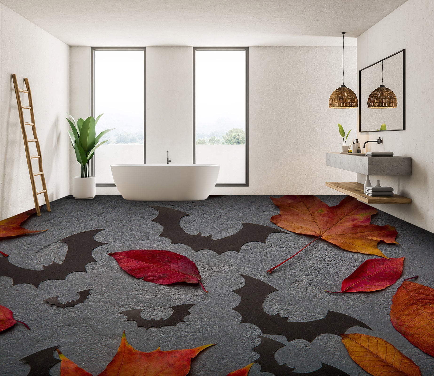 3D Bat Leaves 011 Floor Mural  Self-Adhesive Sticker Bathroom Non-slip Waterproof Flooring Murals