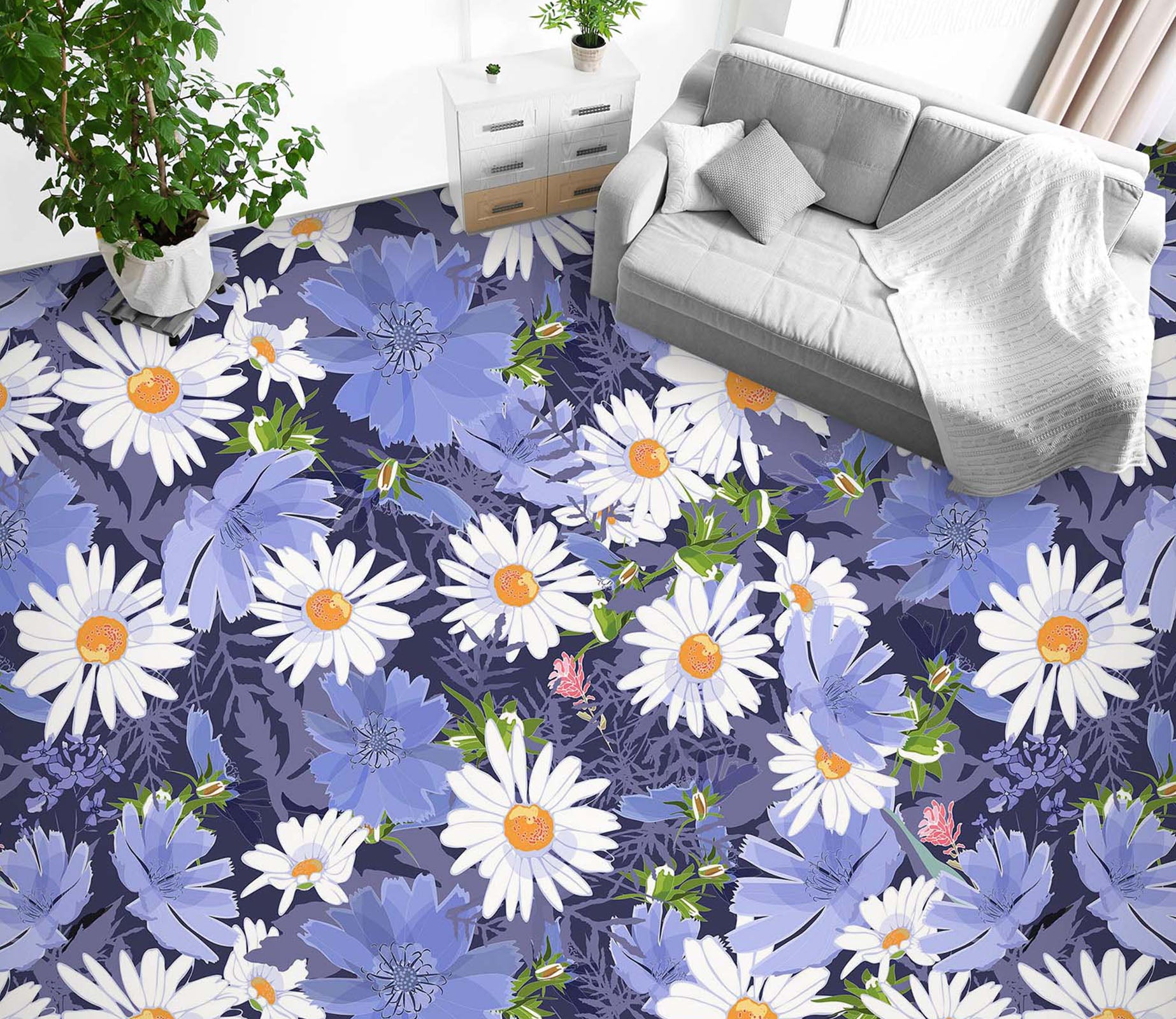 3D Daisies And Purple Leaves 1224 Floor Mural  Wallpaper Murals Self-Adhesive Removable Print Epoxy