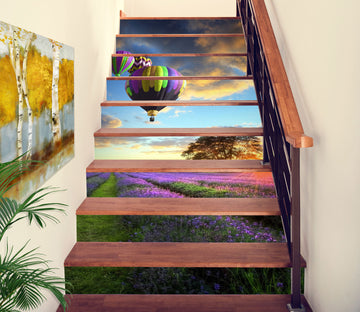 3D Hot Air Balloon Over Flower Field 404 Stair Risers