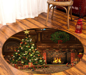 3D Tree Fireplace 55171 Christmas Round Non Slip Rug Mat Xmas
