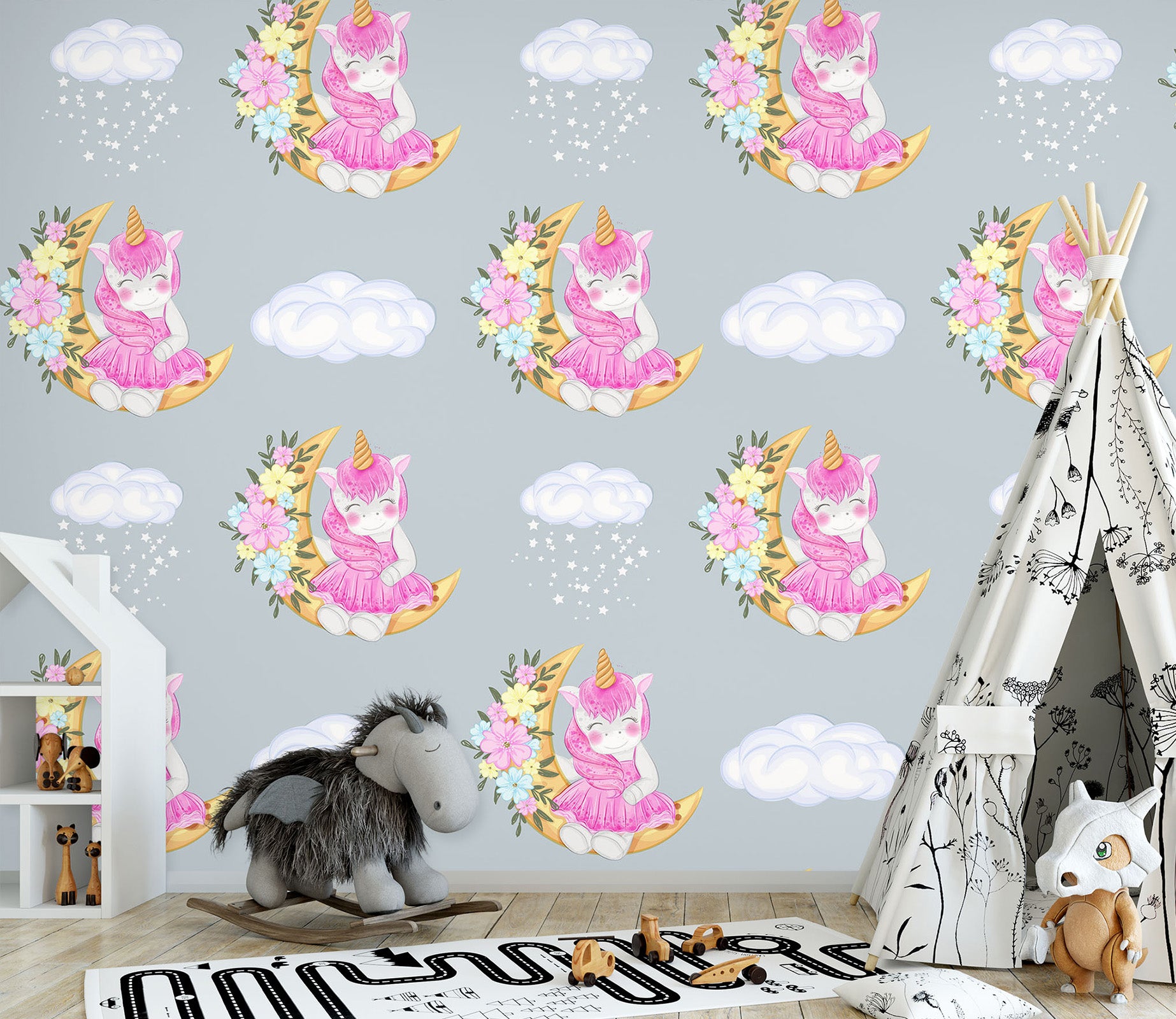 3D Moon Pink Unicorn 57085 Wall Murals