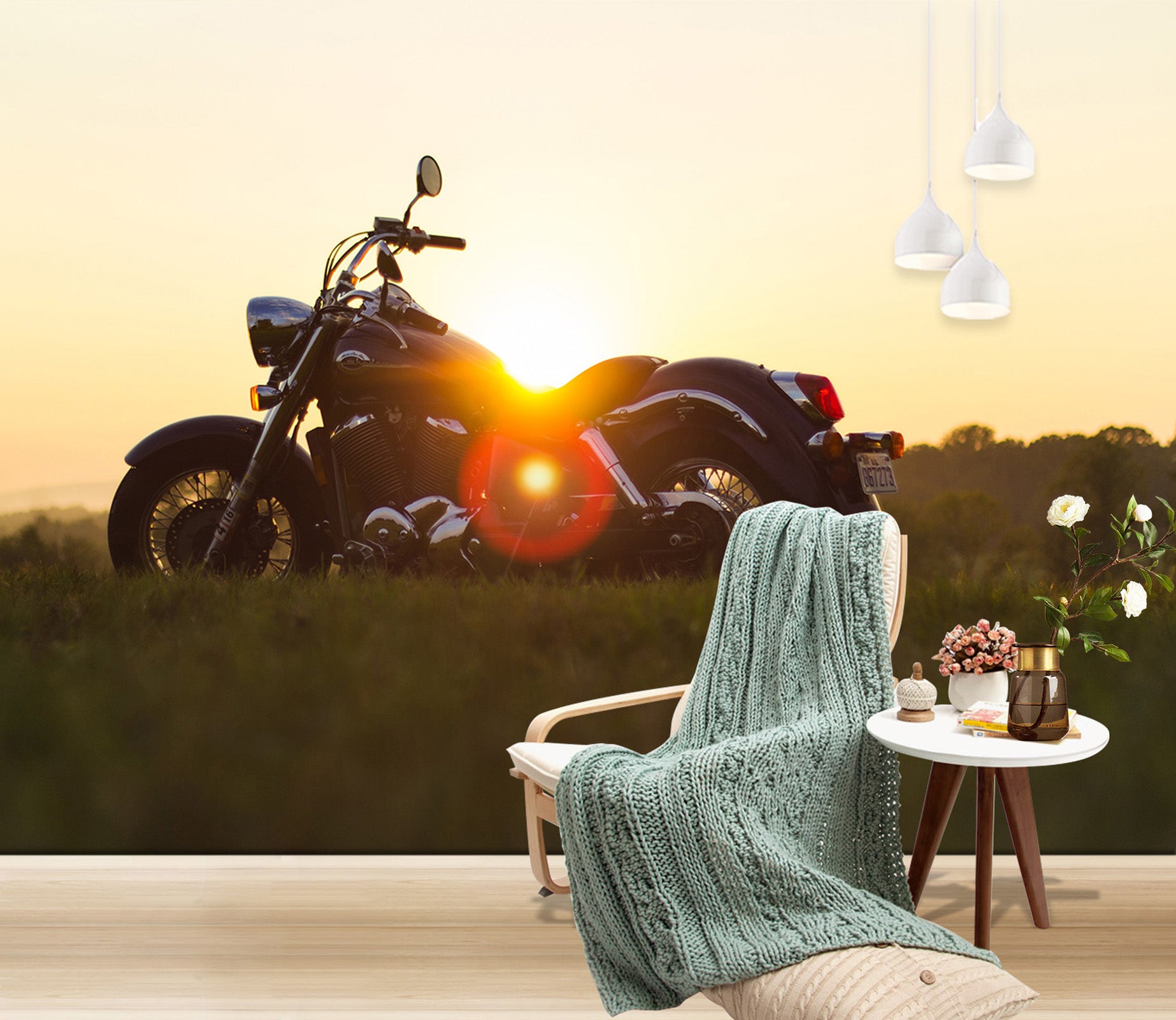 3D Motorcycle Sunset 123 Vehicle Wall Murals