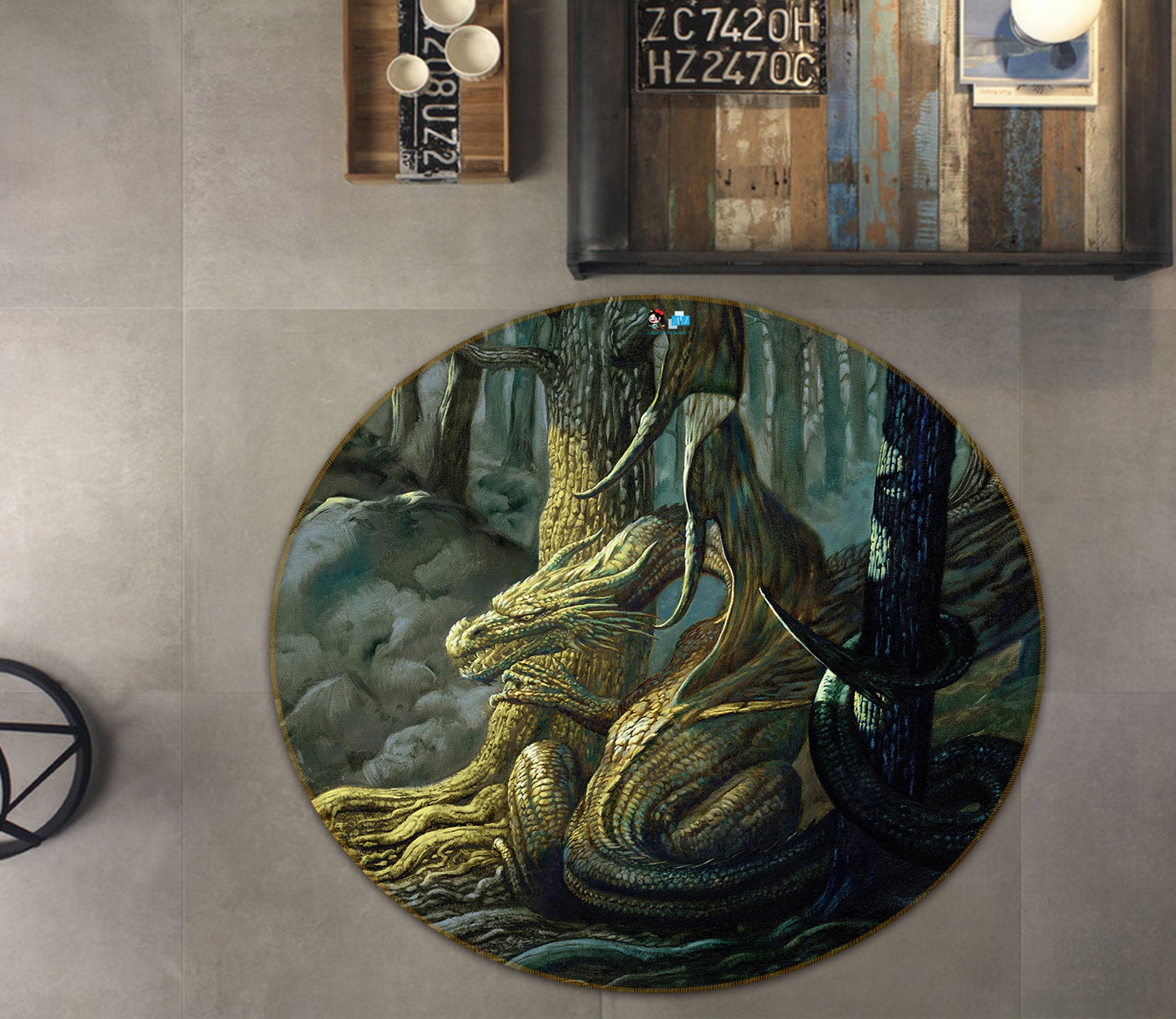 3D Forest Dragon 6131 Ciruelo Rug Round Non Slip Rug Mat