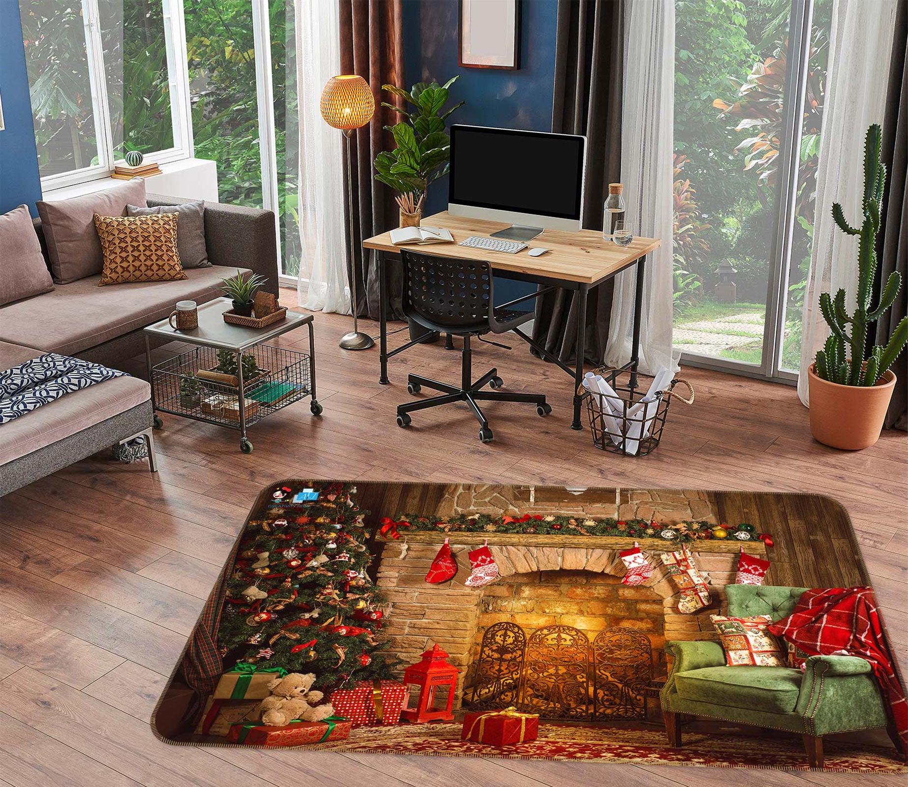 3D Sofa Fireplace 56123 Christmas Non Slip Rug Mat Xmas