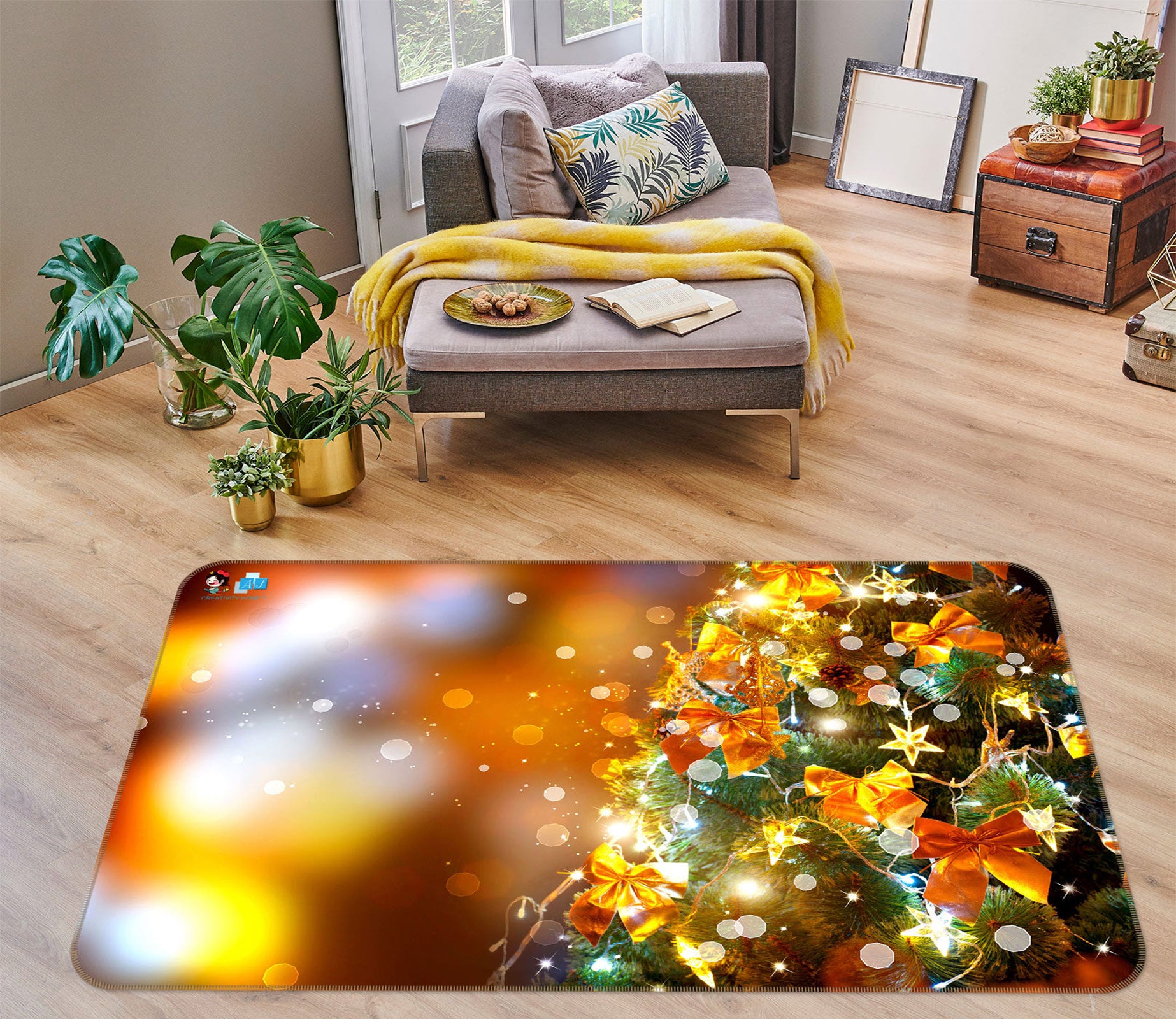 3D Tree Golden Bow 56108 Christmas Non Slip Rug Mat Xmas