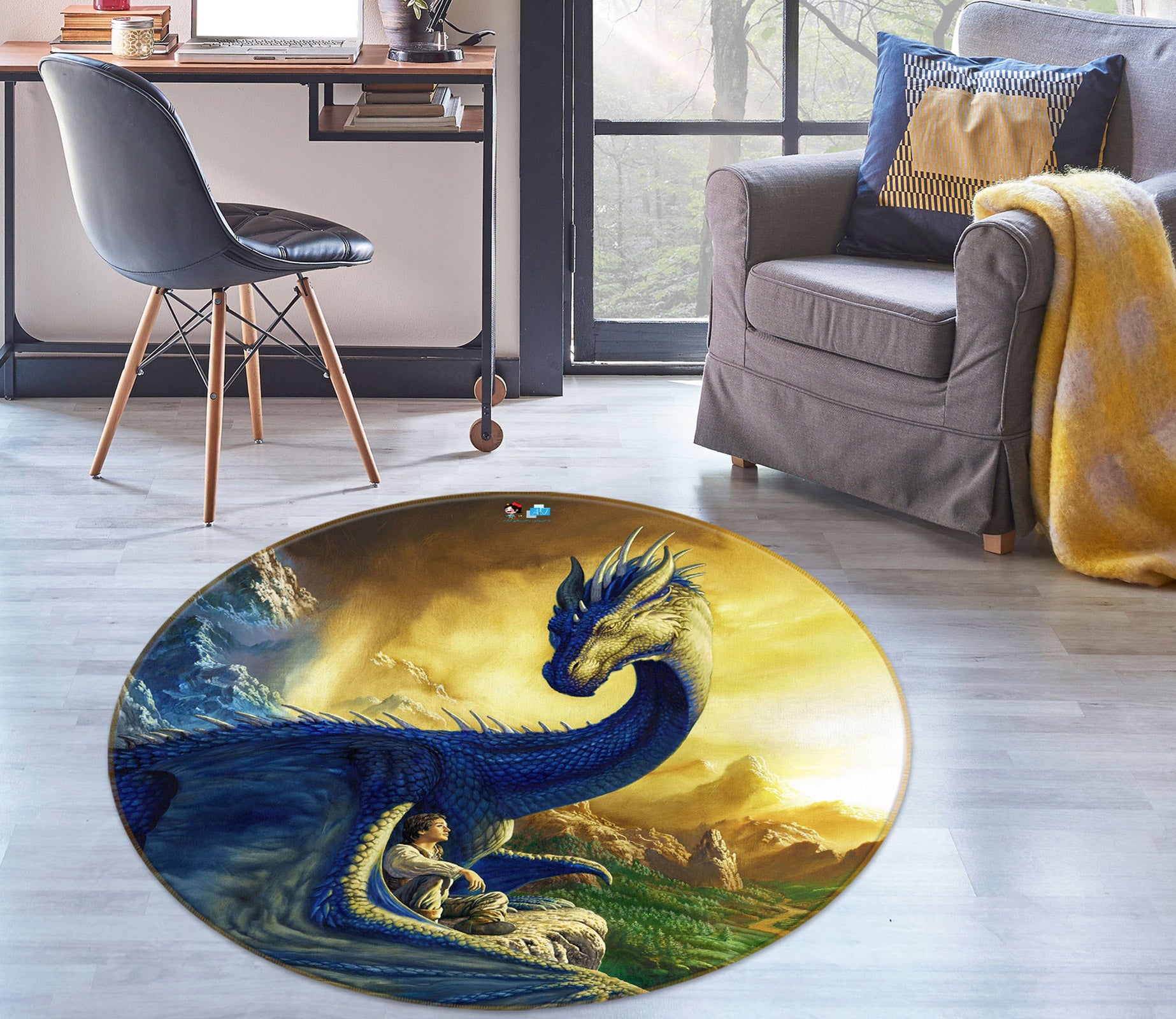 3D Big Dragon 6149 Ciruelo Rug Round Non Slip Rug Mat