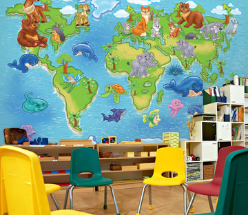 3D Oasis Animals 2041 World Map Wall Murals