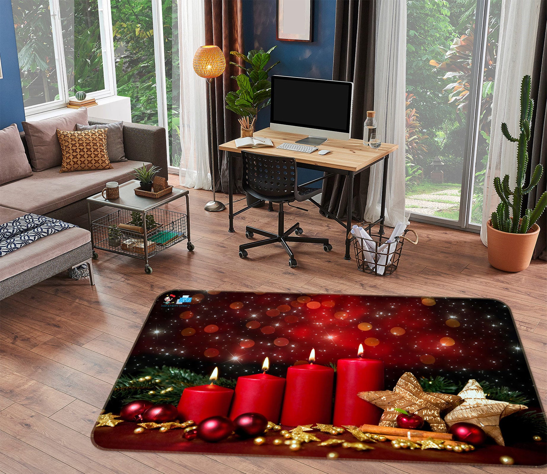 3D Red Candle Yellow Star 56101 Christmas Non Slip Rug Mat Xmas