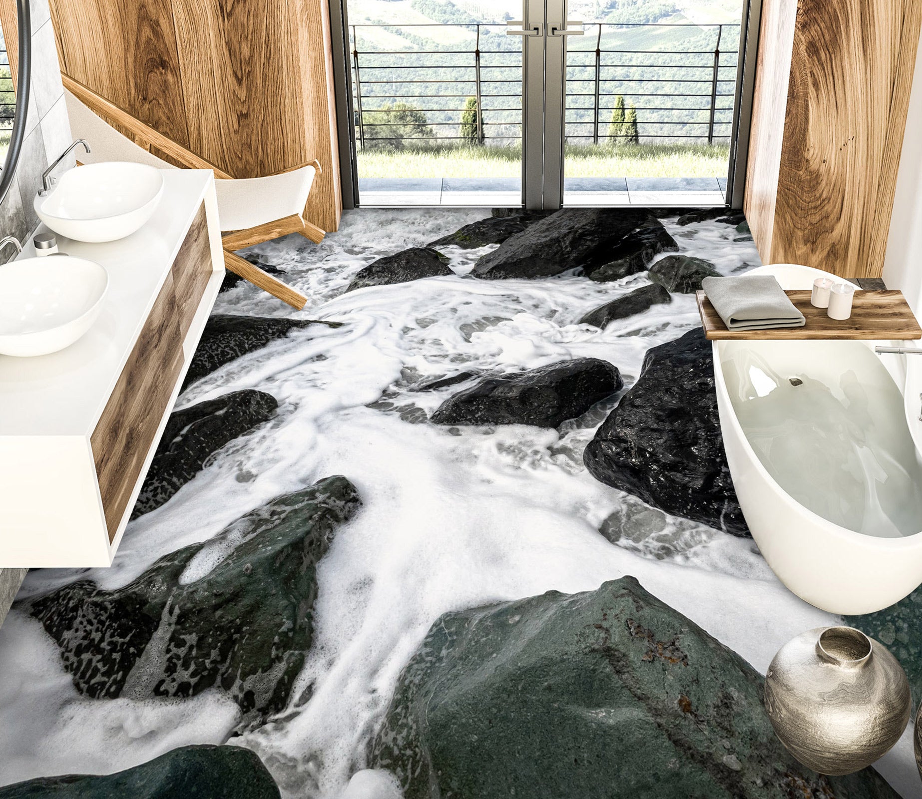 3D Black Stones And White Water 1067 Floor Mural  Wallpaper Murals Self-Adhesive Removable Print Epoxy